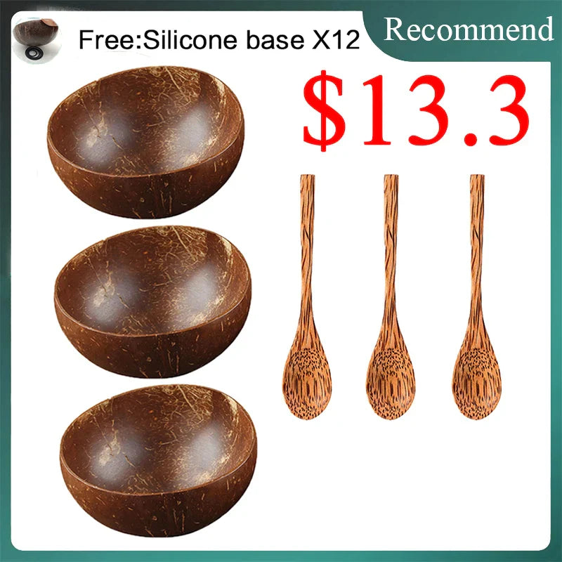 Decorbites™ Kokosnussschalen-Set mit Holzlöffel: Natürliches handgefertigtes Tischgeschirr für Desserts, Früchte, Salate