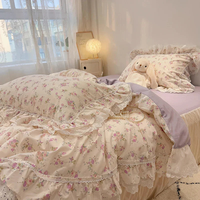 Decorbites™ Koreanische Prinzessin-Stil Blumen-Spitzen-Volants-Bettwäsche-Set mit Kissenbezug