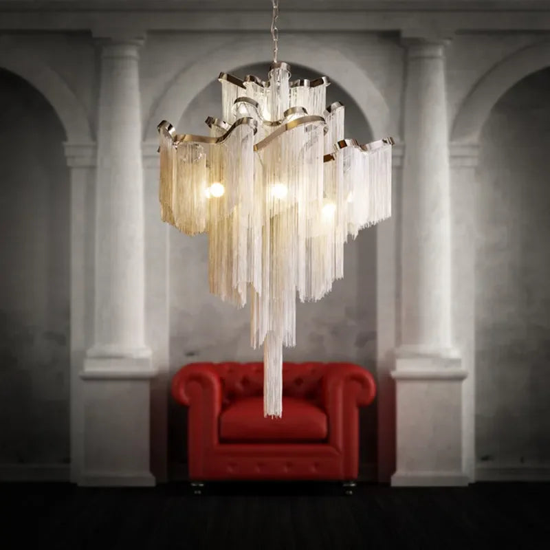 Decorbites™ Fransen-Kronleuchter: Silber- und Gold-Aluminium-Ketten-Hängeleuchte für luxuriöse Einrichtung von Zuhause und Hotel