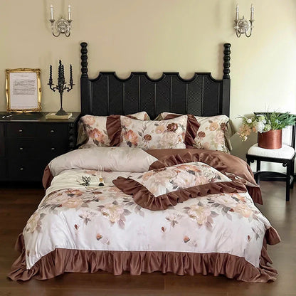 Decorbites™ Französisches Vintage Rüschen-Bettwäsche-Set aus ägyptischer Baumwolle mit Blumenmustern