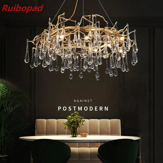 Decorbites™ Elegante Goldene Metallzweige-Kronleuchter mit Glas-Wassertropfen-Kristallen