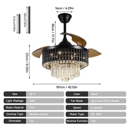 Decorbites™ Kristall-Fandelier-Deckenventilator mit ausziehbarem Kronleuchter & unsichtbaren Flügeln
