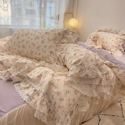 Decorbites™ Koreanische Prinzessin-Stil Blumen-Spitzen-Volants-Bettwäsche-Set mit Kissenbezug