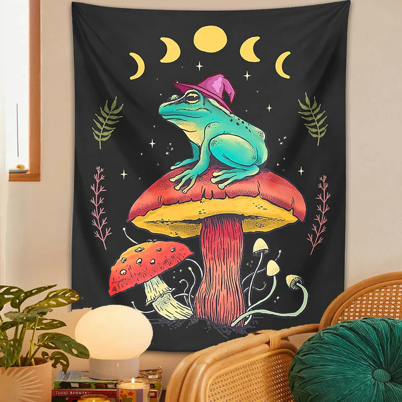 Decorbites™ Frosch auf Pilz Tapisserie Wandbehang: Ästhetisch, Magisch, Zauberer, Cottagecore, Boho, Hippie, Mondphasen