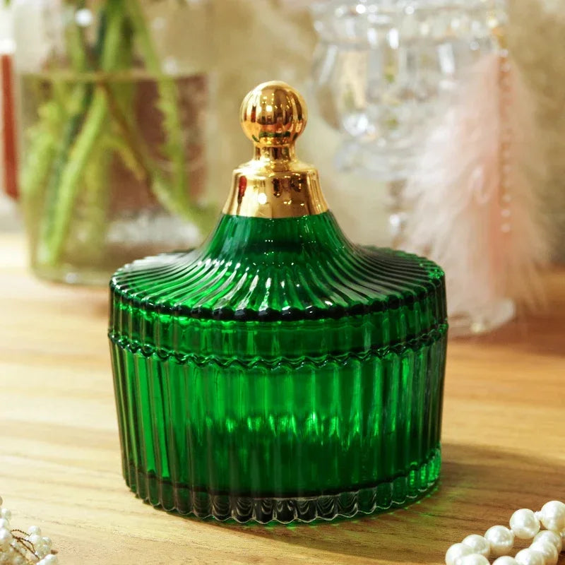 Decorbites™ Grünes gestreiftes Glasgefäß mit Deckel, Aufbewahrungsgefäß für kleine Gegenstände und Schmuck