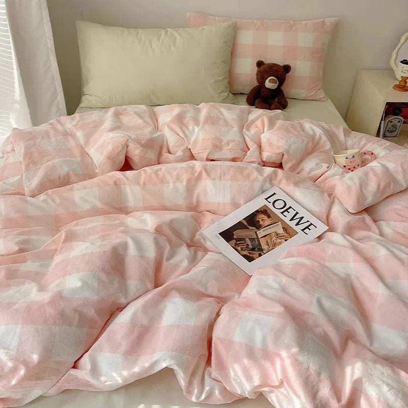 DecorBites™ Cozy Cotton Grid Bedding Sets for Student Dorms - Queen/King Bedclothes