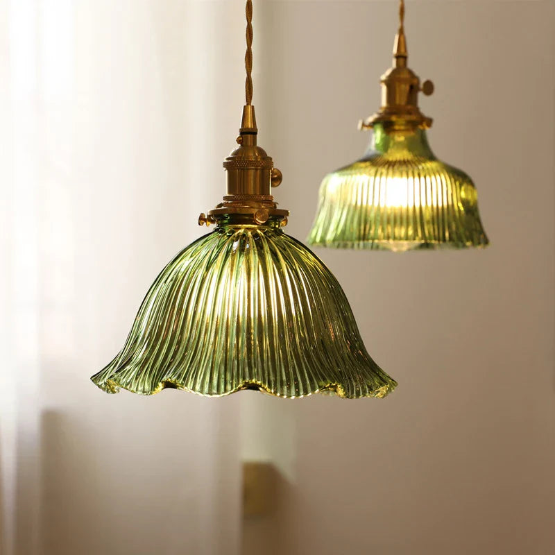 Vintage Green Glass Pendant Light With Brass Finish
