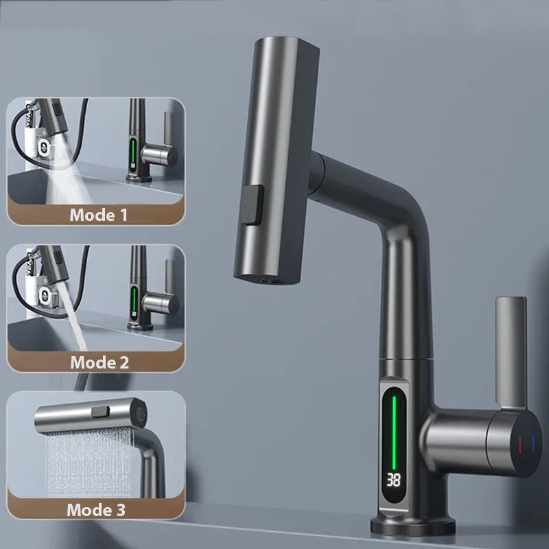 DecorBites™ Digital Display Waterfall Basin Faucet with Temperature Control and Lift Sprayer