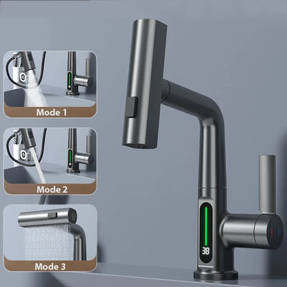 DecorBites™ Digital Display Waterfall Basin Faucet with Temperature Control and Lift Sprayer
