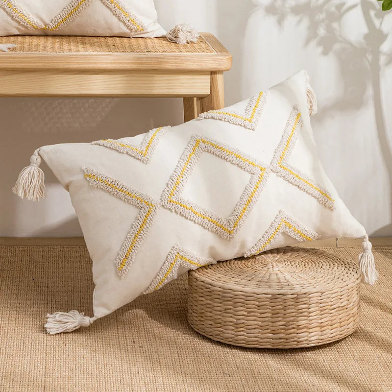 DecorBites™ Geometric Tufted Cotton Canvas Embroidered Pillow Covers for Home Decor