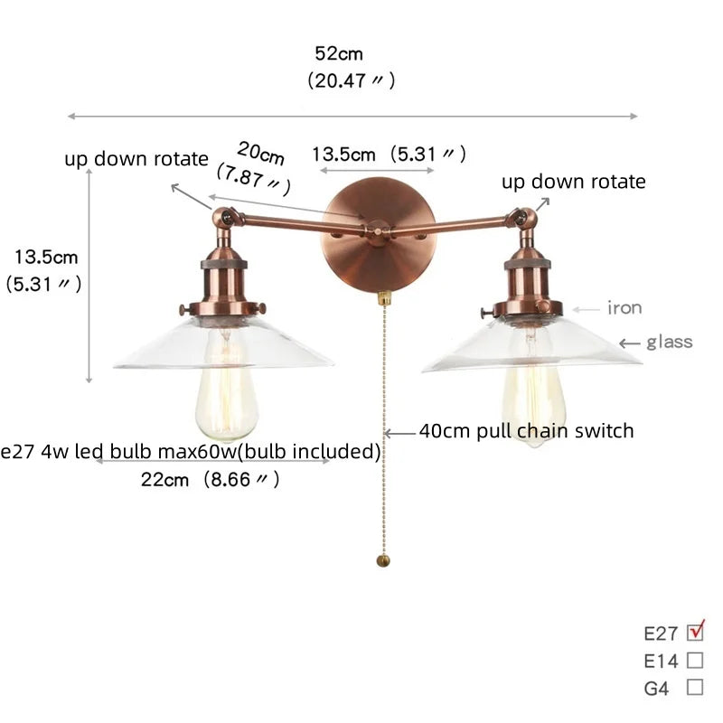 Decorbites™ Industrielles Vintage-Loft 2-Licht Steckdoseneinschaltbare LED-Wandleuchte