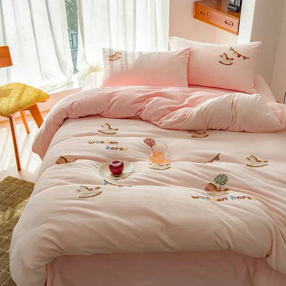 DecorBites™ Embroidered Milk Fleece Winter Bedding Set for Warmth & Cozy Comfort