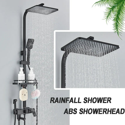 Decorbites™ Schwarzes Messing-Duscharmatur-Set Regendusche Badewannenarmatur mit Badezimmerregal