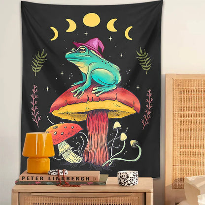 Decorbites™ Frosch auf Pilz Tapisserie Wandbehang: Ästhetisch, Magisch, Zauberer, Cottagecore, Boho, Hippie, Mondphasen
