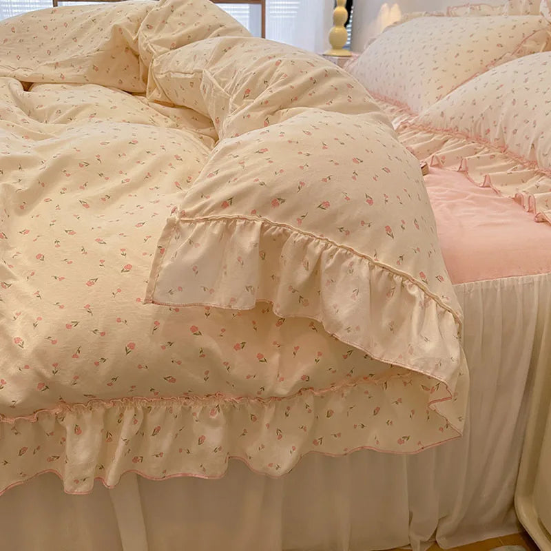 Decorbites™ Koreanische Prinzessin Blumenmuster-Bettwäsche-Set aus gewaschener Baumwolle für Mädchen
