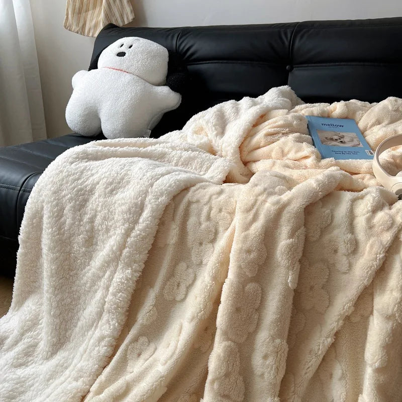 DecorBites™ Cozy Lamb Wool Flower Jacquard Blanket: Luxe Solid Color Sofa Quilt for Winter