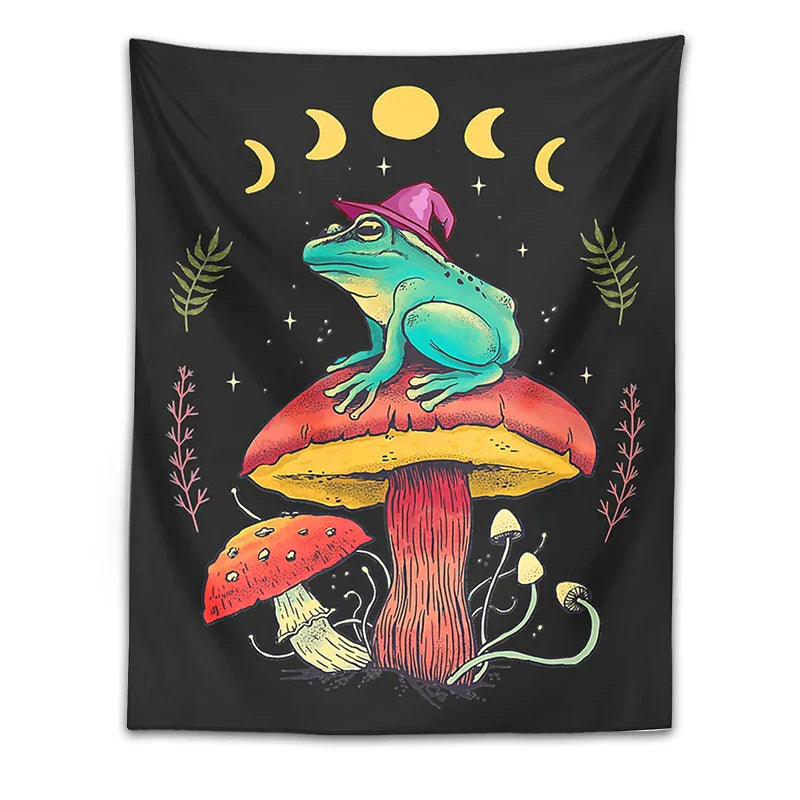 Decorbites™ Frosch auf Pilz Tapisserie Wandbehang: Ästhetisch, Magisch, Zauberer, Cottagecore, Boho, Hippie, Mondphasen