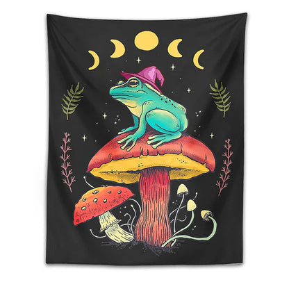 Decorbites™ Frosch auf Pilz Tapisserie Wandbehang: Ästhetisch, Magisch, Zauberer, Cottagecore, Boho, Hippie, Mondphasen