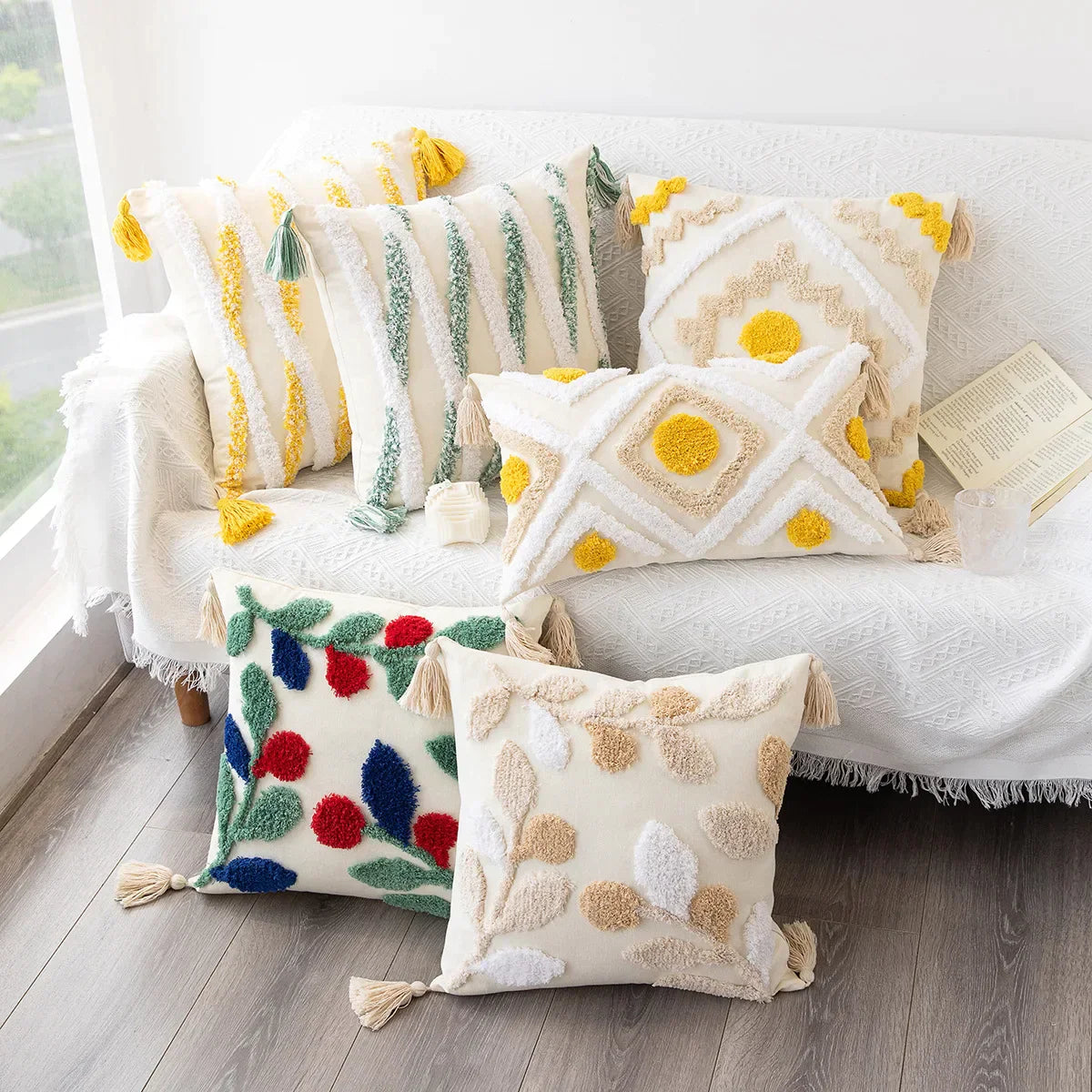 DecorBites™ Geometric Tufted Embroidery Flowers Boho Cushion Cover with Tassel