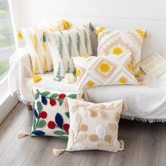 Decorbites™ Geometrische Paspelstickerei Blumen Boho Kissenbezug mit Troddel