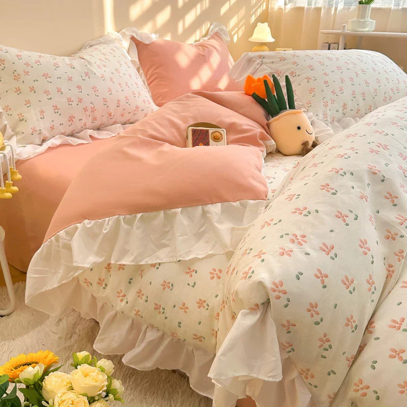 Decorbites™ Koreanische Prinzessin Blumen-Volants-Bettwäsche-Set: Einzel-/Queen-Duvet, Bezug & Kissenbezüge
