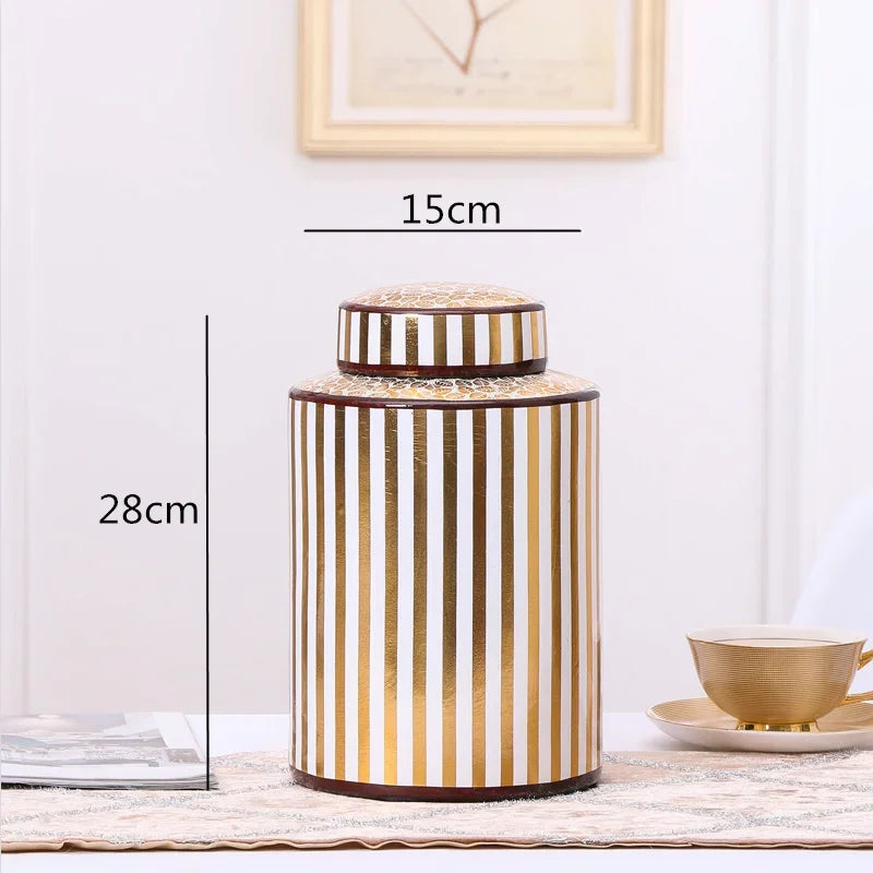 Decorbites™ Goldener Streifen-Keramikvase mit Deckel, moderne Aufbewahrungsglocke für die Hausdekoration