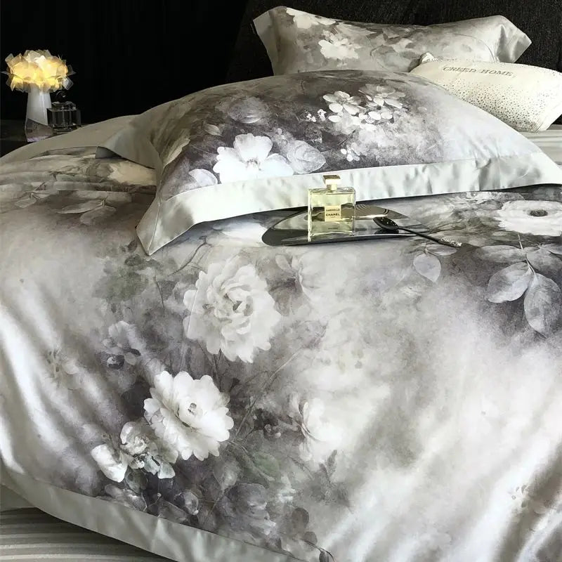 DecorBites™ Flowers Pattern Brushed Bedding Set: Duvet Cover, Bed Sheet, Fitted Sheet, Pillowcase 4Pcs