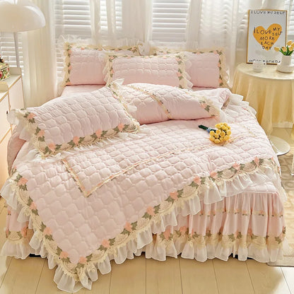 Decorbites™ Koreanische Prinzessinnen-Bettwäsche: Blumen, Spitze, Rüschen, Stickerei, Steppung, Bettbezug, Überdecke