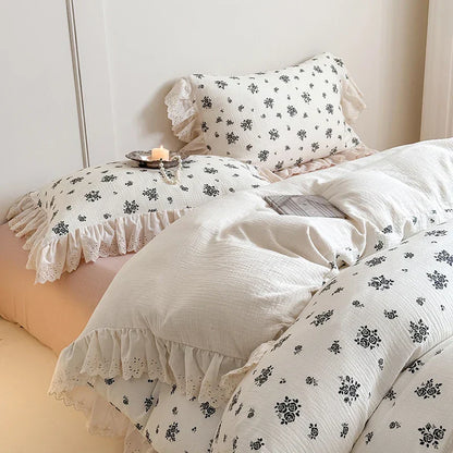 Decorbites™ Französische Spitze Blumen-Volants-Bettwäsche-Set - 100% Baumwolle Gerüschtes Garn 4 Stk.