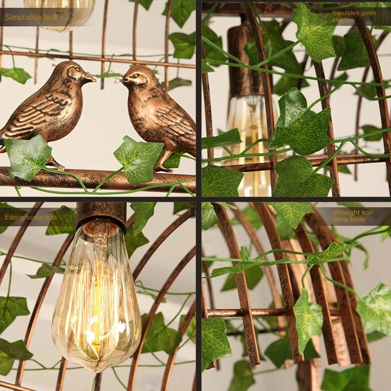 Decorbites™ Eisenkäfig-Lüster mit Grünblatt-Dekoration und LED-Lampen