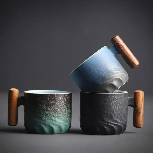 Decorbites™ Gradient-Glasur-Keramik-Kaffeetasse mit Holzeingriff für Zuhause und Büro