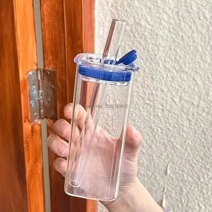 Decorbites™ hitzebeständiger Glasbecher mit Deckel und Trinkhalm für Kaffee, Milch, Tee, Saft