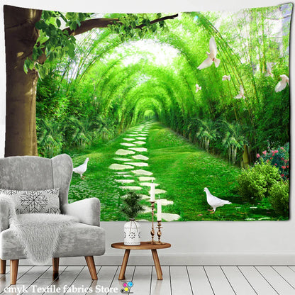 Decorbites™ Bambuswald-Taubenpfad-Gobelin: Hippie-psychedelischer Wandbehang für natürliche Heimdekoration