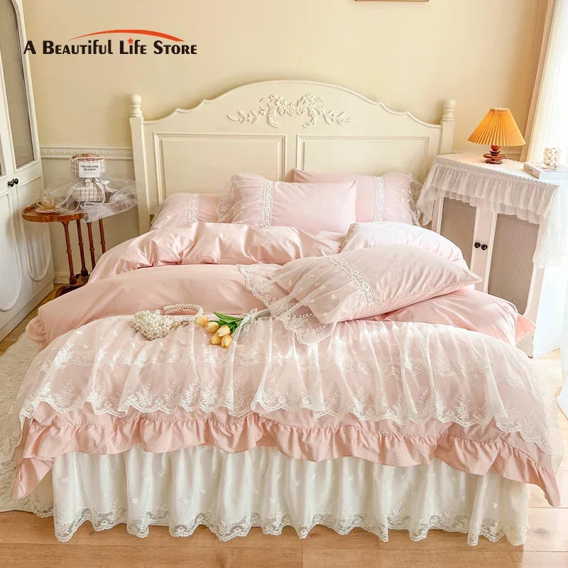 Decorbites™ Französische Prinzessin-Spitzen-Volants-Bettwäsche-Set, 100% Baumwolle, Pink Romantisches Thema