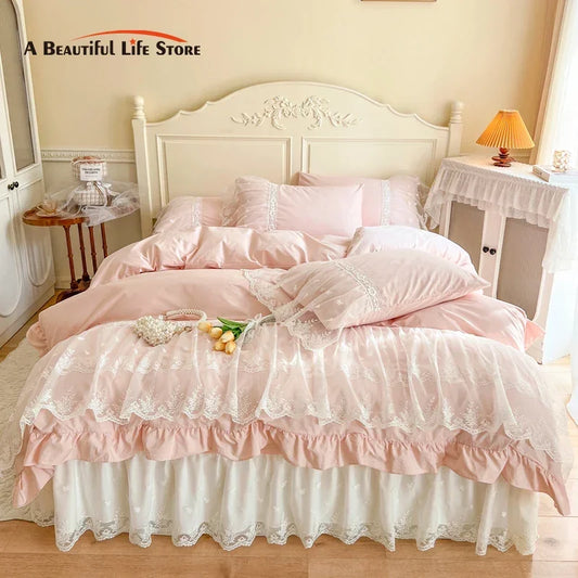 Decorbites™ Französische Prinzessin-Spitzen-Volants-Bettwäsche-Set, 100% Baumwolle, Pink Romantisches Thema