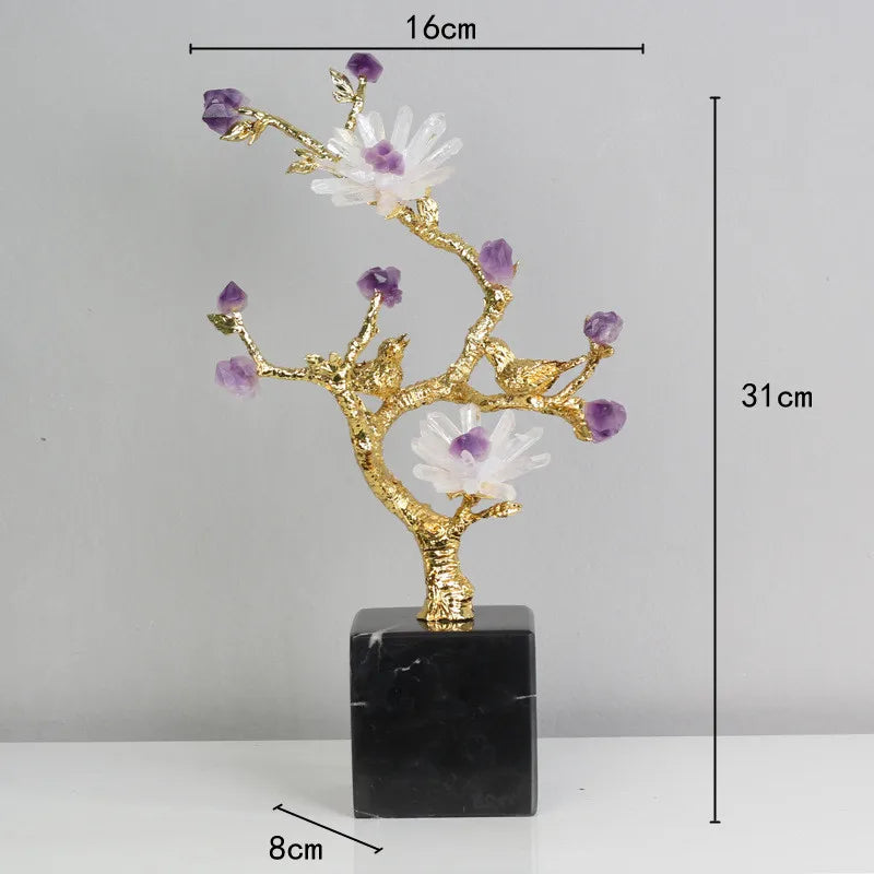 Decorbites™ Goldener Baum Kristallblüte Messing Amethyst Dekoration mit Goldenen Vogel-Figuren