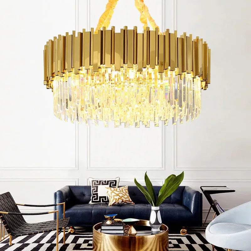 Gold Crystal LED Pendant 18-Light 2-Tier Design