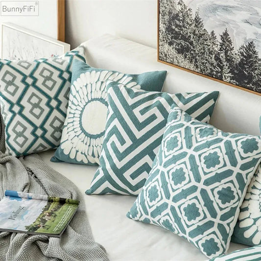 Decorbites™ Bestickte Blaue Baumwoll-Leinen-Kissenbezug für die Heimdekoration