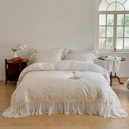 DecorBites™ French Rose Flowers Lace Wedding Bedding Set with Ruffles