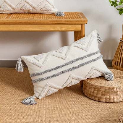 DecorBites™ Geometric Tufted Tassel Cushion Cover White Grey Bohemian Decor Pillow Cover