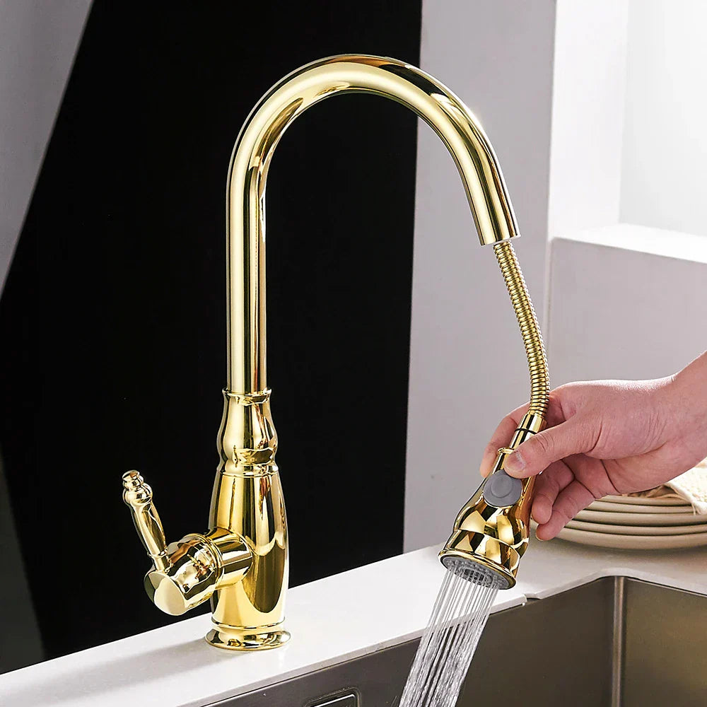 Decorbites™ Gold Küchenarmatur mit ausziehbarem Sprühkopf und Drehfunktion - WF-4118