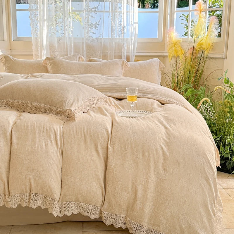 DecorBites™ French Lace Ruffles Bedding Set Queen King Size 4Pcs