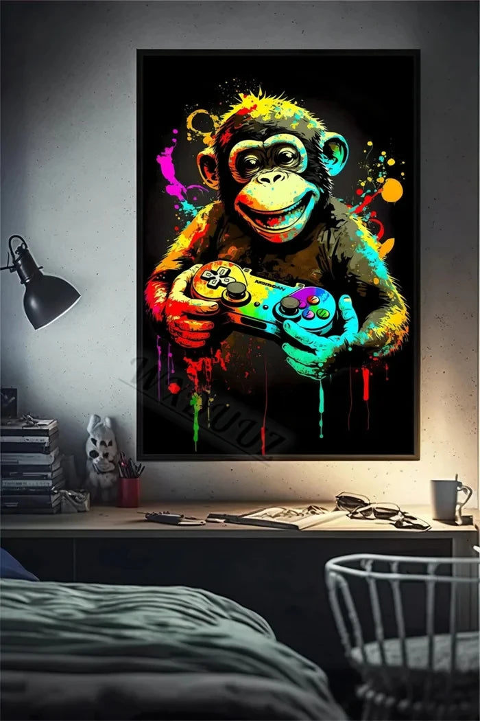 80s Retro Funny Monkey Player Gamepad Picture For Gaming Room Living Canvas Painting Print Wall Art Home Decor Aesthetics Poster