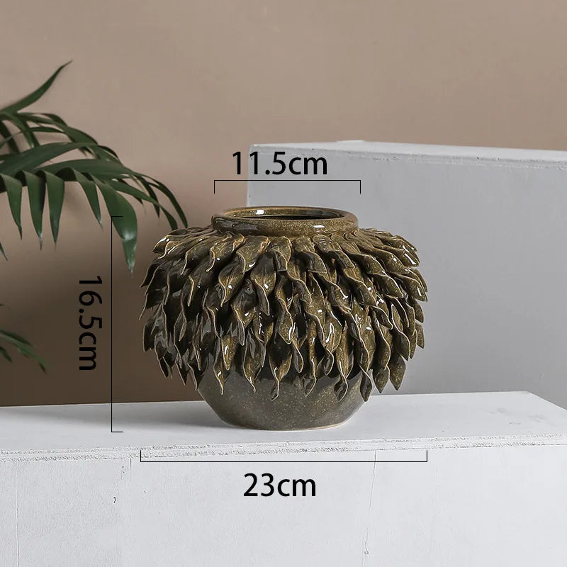 Decorbites™ Blattrelief-Keramikvase: Handgefertigter 3D-Blumenarrangement-Topf