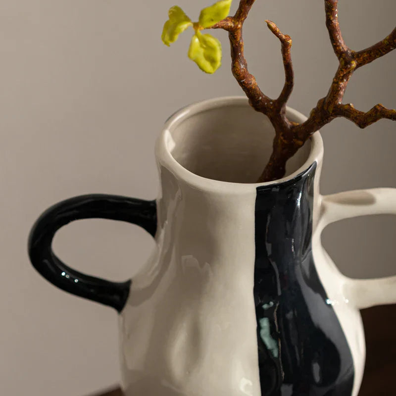 DecorBites™ Geometric Check Pattern Ceramic Vase with Handle for Home Decoration