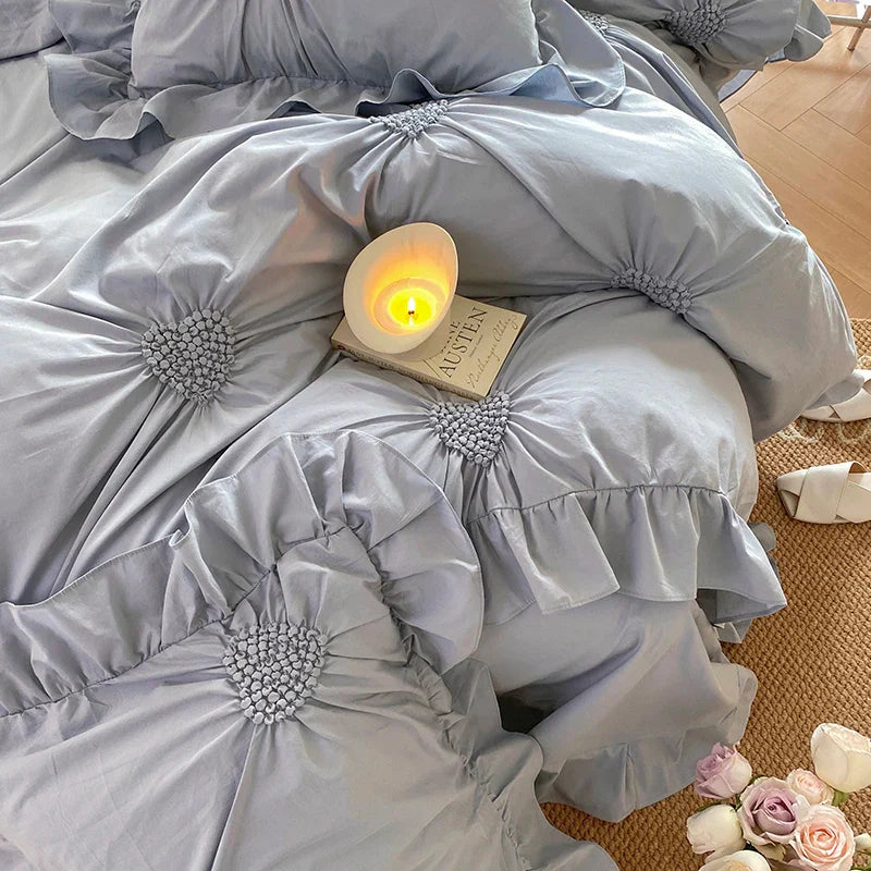 Decorbites™ Koreanische Prinzessin-Stil Bettwäsche-Set aus reinem Baumwollstoff mit Rüschen und Herzfalte