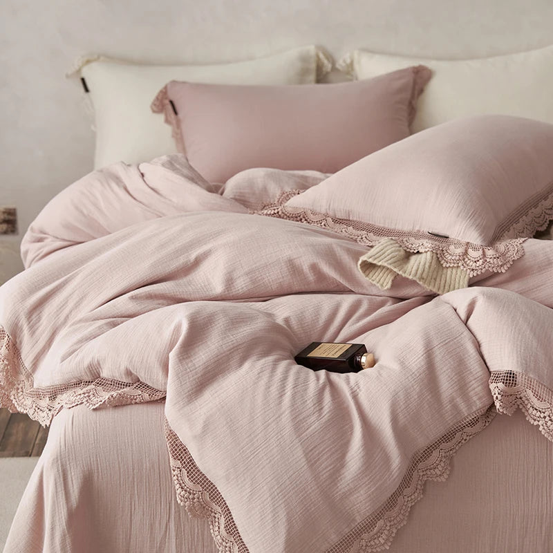 Decorbites™ Baumwoll-Bettwäsche-Set mit Spitzenkante für empfindliche Haut mit Steppdecke, Laken und Kissenbezügen