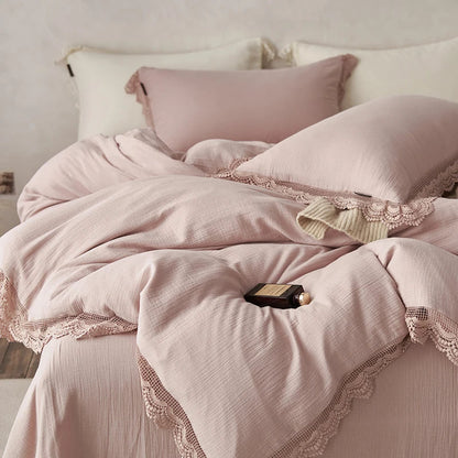 Decorbites™ Baumwoll-Bettwäsche-Set mit Spitzenkante für empfindliche Haut mit Steppdecke, Laken und Kissenbezügen