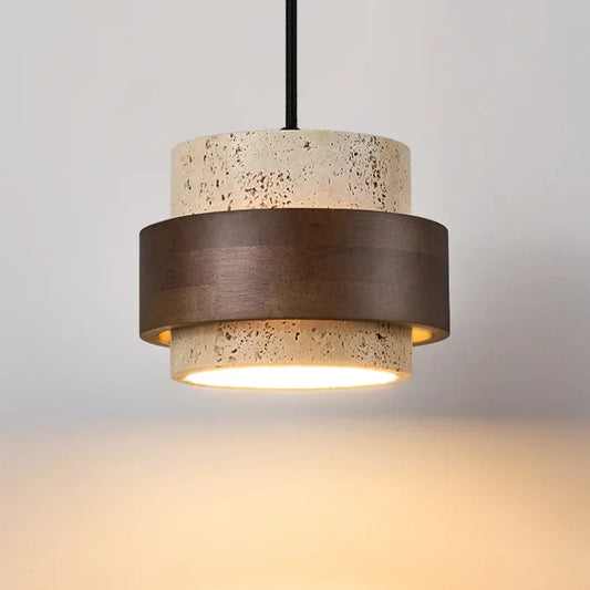 Japanese Stone Pendant Light in Walnut Wood Finish
