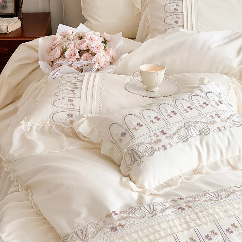DecorBites™ Flowers Embroidery Princess Wedding Lace Bedding Set 1200TC Cotton Duvet Cover Flat Sheet Pillowcases